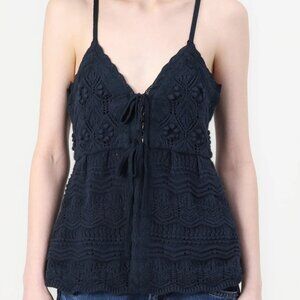 EUC Hollister Navy Crochet Tie Front Sweater Tank (Size: M)
